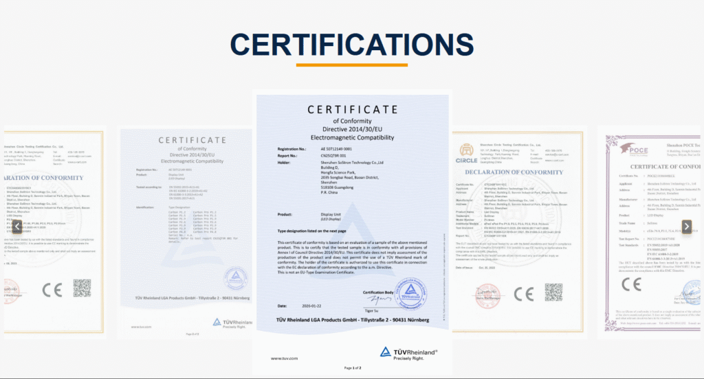 Valor invisible del cumplimiento de las pantallas LED, incluyendo la certificación FCC CE UL y el sistema de blindaje EMI.