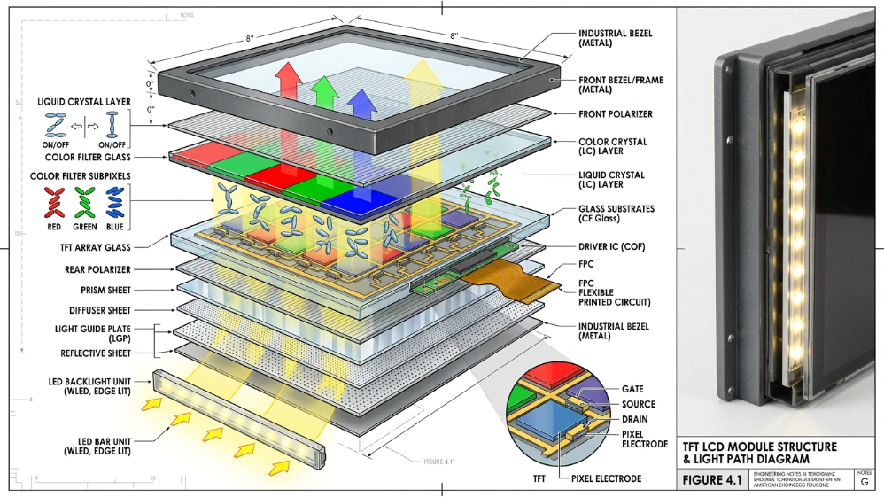 TFT LCD structure showing backlight and liquid crystal layers in display panel