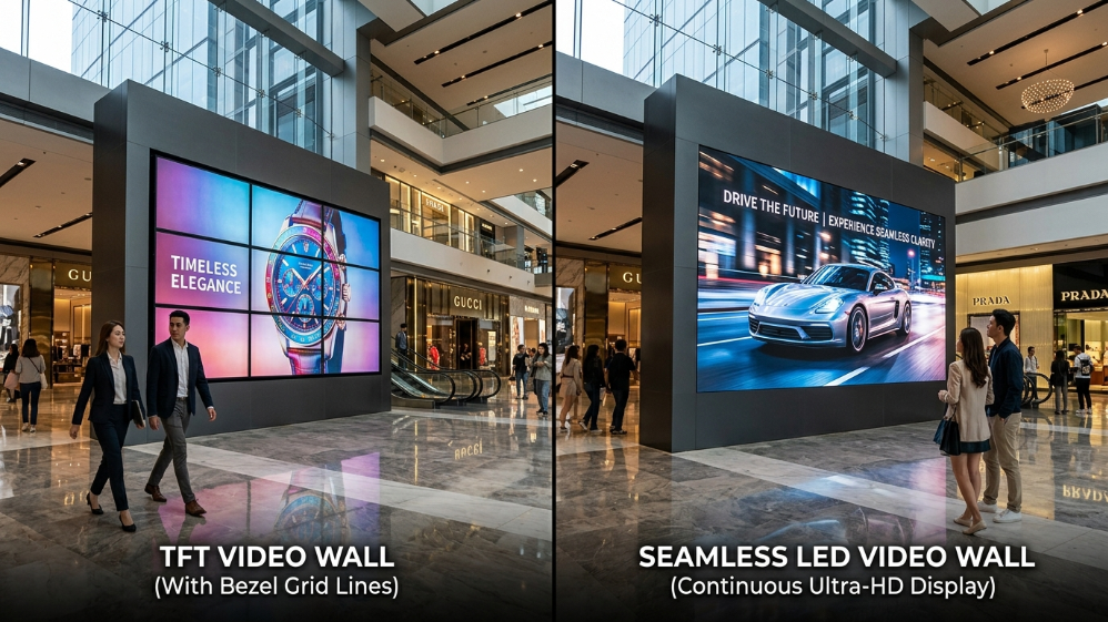TFT bezel video wall versus seamless LED display in shopping mall