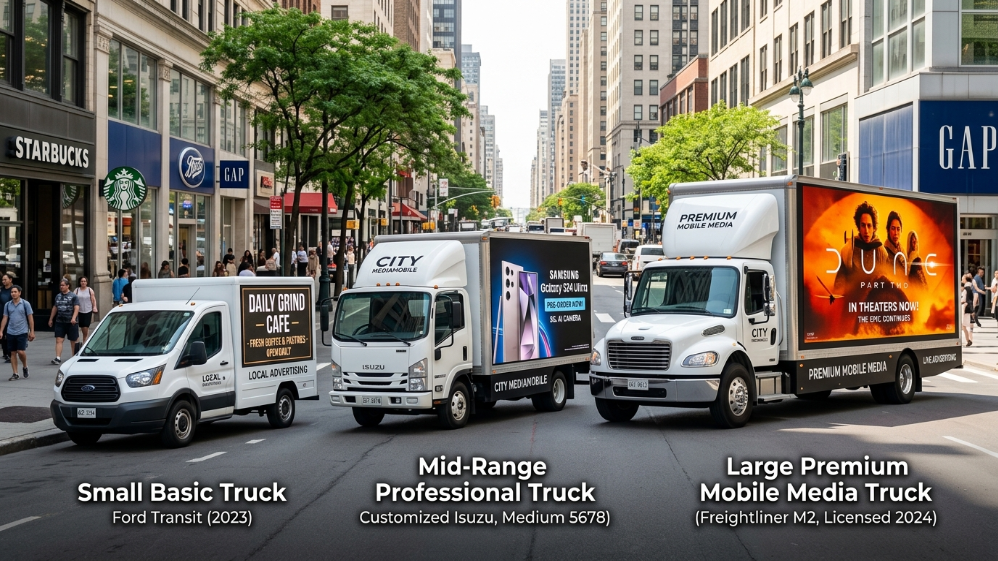 comparison of basic mid range and premium LED advertising trucks