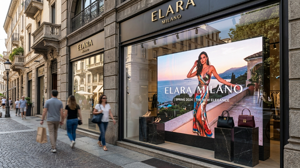 高級小売店のショーウィンドウに設置された高輝度LEDディスプレイ