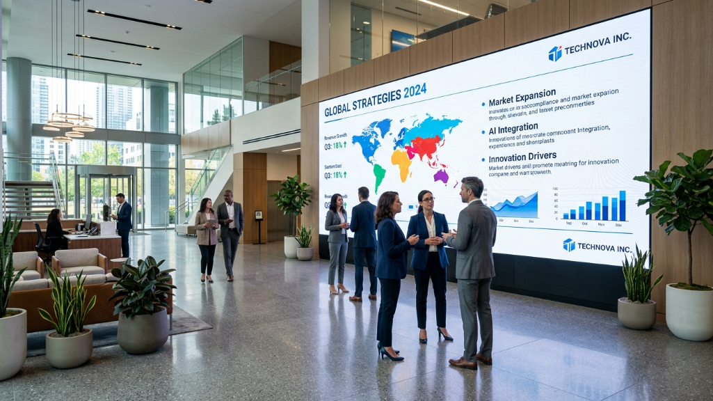 Mur vidéo LED intérieur dans un hall d'entreprise