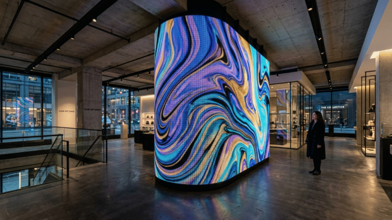 Premium P1.8 flexible LED screen installation on a curved architectural column in a luxury retail environment.