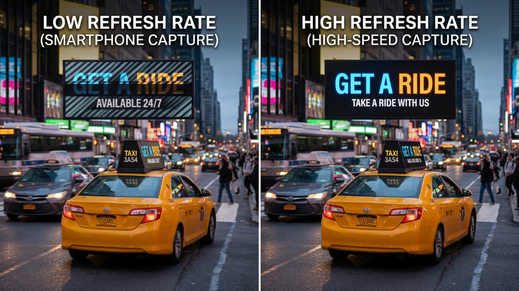 タクシーの屋根に設置されたLEDディスプレイ画面のリフレッシュレート比較（ちらつきあり vs 鮮明）