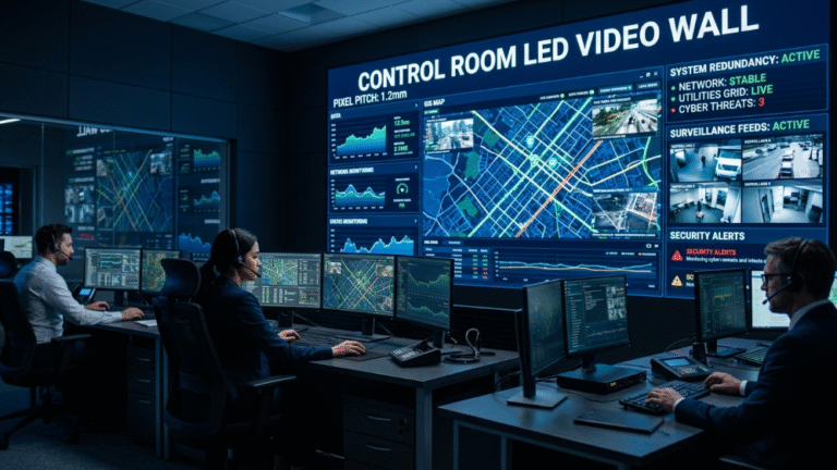 Control room LED video wall with mission-critical monitoring system