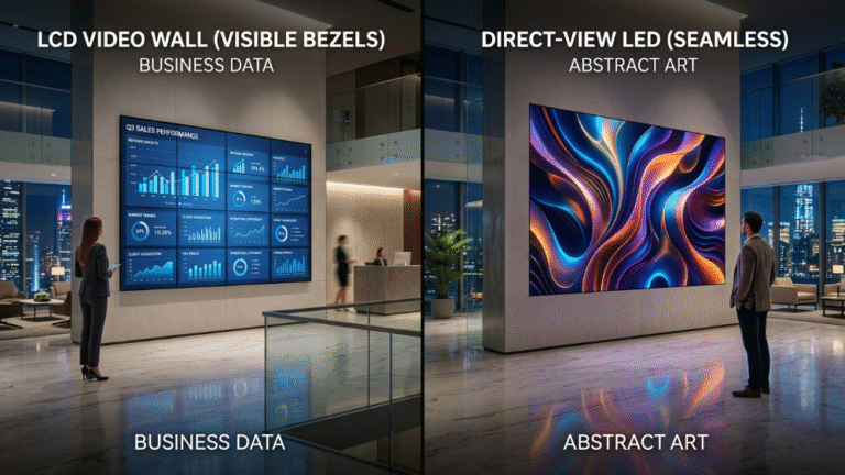 2026 B2B guide comparing LED and LCD video walls in a modern corporate lobby.
