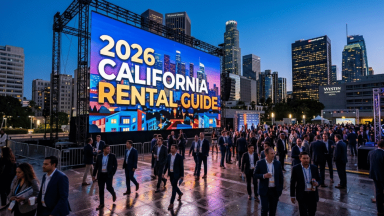2026 California LED screen rental guide featured image with LA skyline.