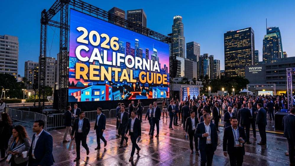 2026年版カリフォルニアLEDスクリーンレンタルガイドのメイン画像には、ロサンゼルスのスカイラインが写っている。