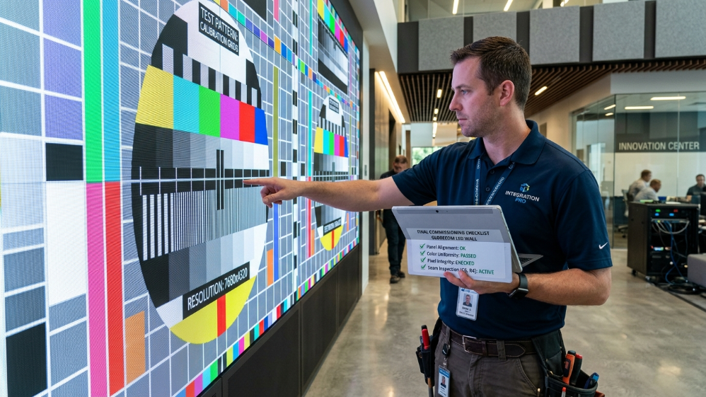 Un integrador de sistemas audiovisuales inspecciona la instalación de una pantalla LED corporativa de alta gama con píxeles de paso fino.