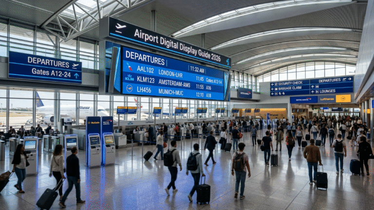 Airport digital LED display in modern terminal