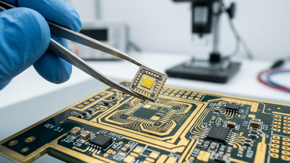 LED显示屏封装结构和PCB安装工艺的特写。