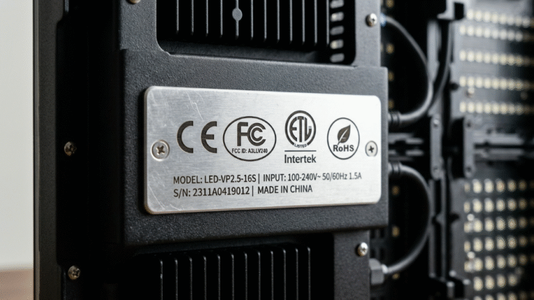 Close-up of authentic CE, FCC, and ETL certification labels on an LED screen module.