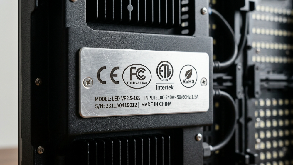 Close-up of authentic CE, FCC, and ETL certification labels on an LED screen module.