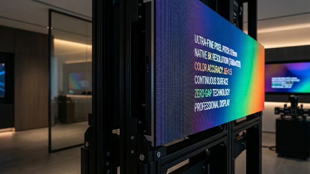 Primer plano de un empalme sin bordes y sin fisuras en un panel de visualización DV-LED de paso fino.