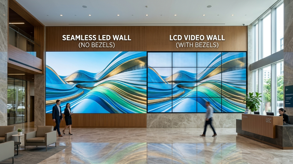 Comparison between seamless LED video wall and tiled LCD display with bezels