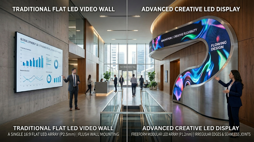 Comparison between traditional flat LED video wall and creative curved LED display installation
