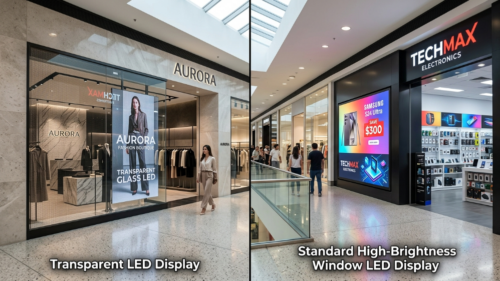 مقارنة بين شاشة LED شفافة وشاشة LED قياسية للنوافذ