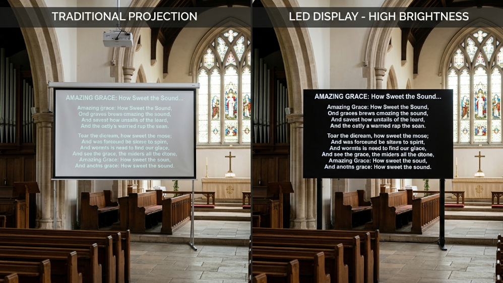 Comparison between washed-out projection and high-brightness LED screen in ambient light.