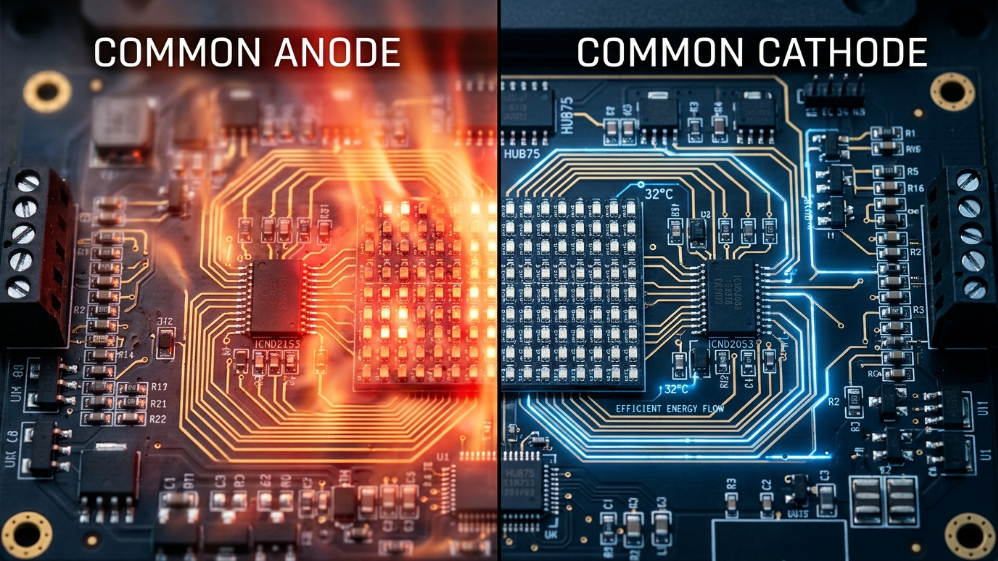 Diagrama comparativo que muestra la diferencia térmica entre los circuitos LED de ánodo común y cátodo común.
