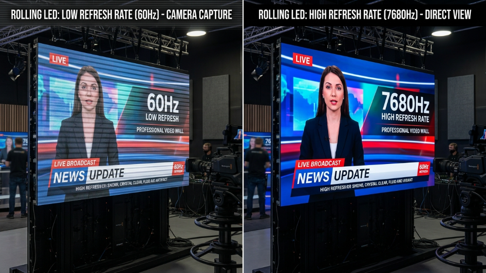 Comparison of 7680Hz high-refresh rate vs low-cost LED screen performance.