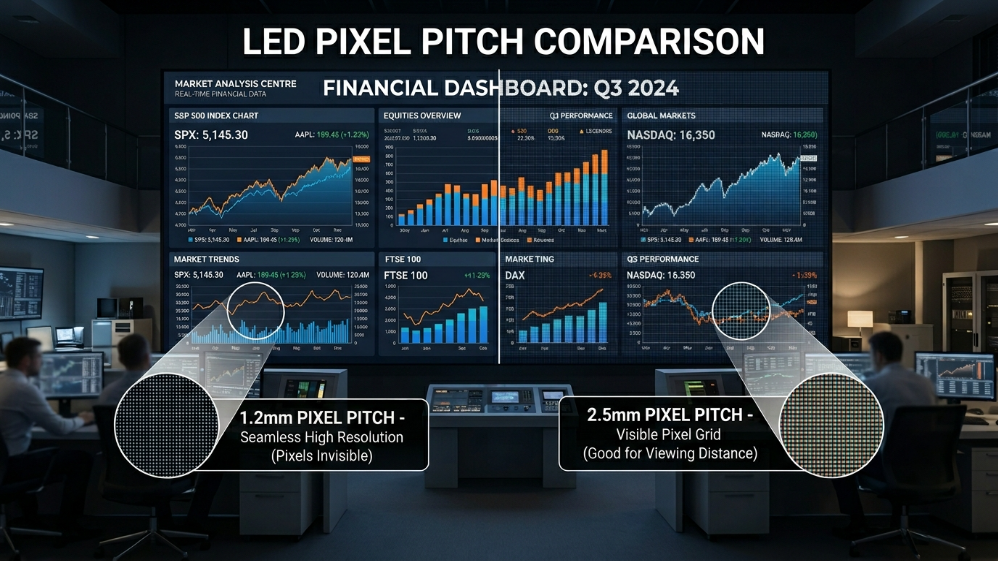 Comparison of different pixel pitch densities on an LED display.