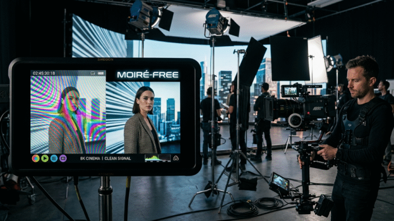Comparison of moiré effect vs clear image on professional LED wall.