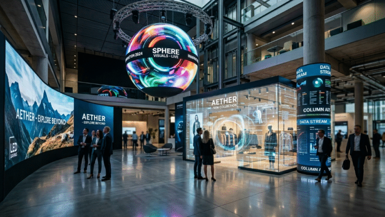 Creative LED display solutions including spherical, transparent, and curved LED screens in modern commercial environments