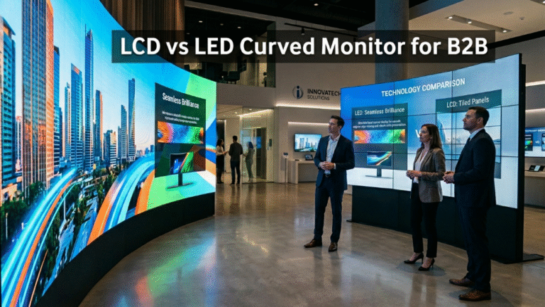 Curved LED video wall compared with LCD curved monitor in a commercial B2B environment