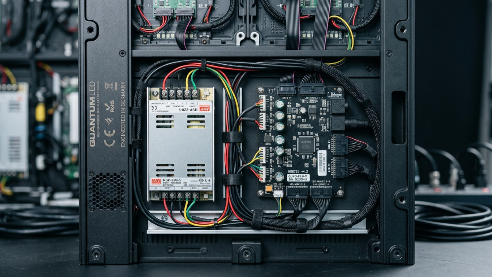 Engineering detail of a high-quality LED display cabinet showing safe internal components.