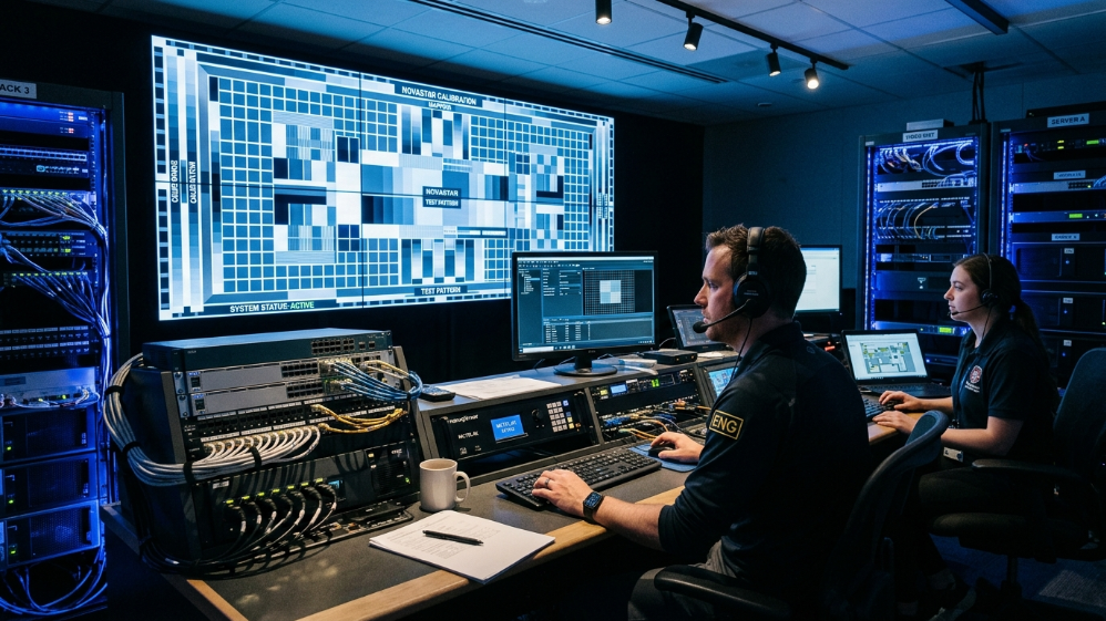 Engineers configuring LED video wall controller system