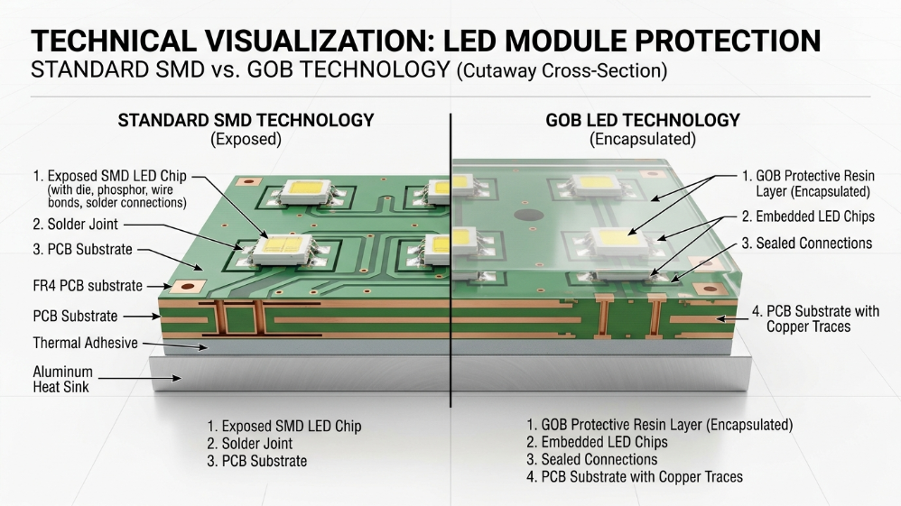 GOB vs SMD LED module durability comparison close-up