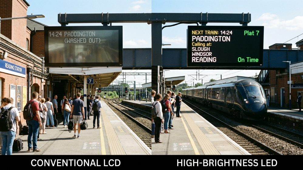 Pantalla LED de alto brillo en un andén de tren soleado