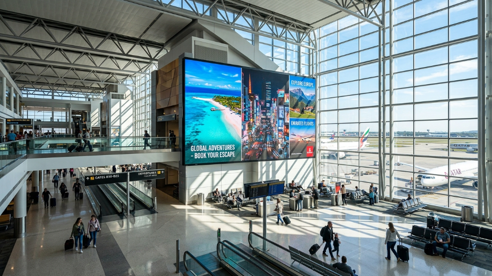 High-brightness LED video wall installed in a sunlit airport terminal.