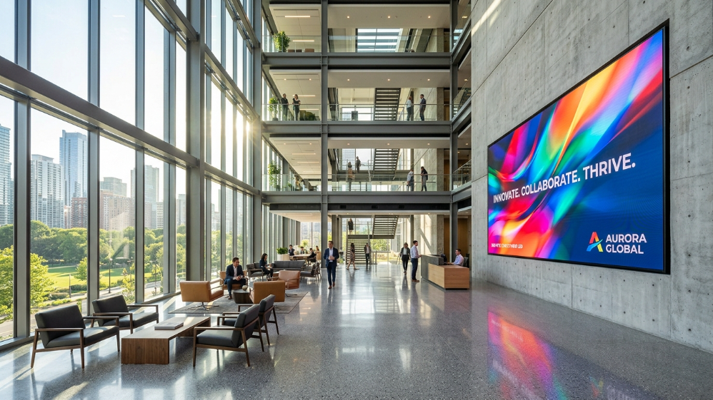 Videopantalla LED de alto brillo para interiores en un vestíbulo corporativo con atrio acristalado iluminado por la luz del sol.