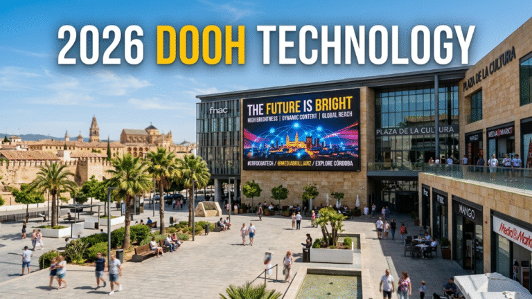 High-brightness outdoor LED screen in Cordoba Spain for DOOH advertising.