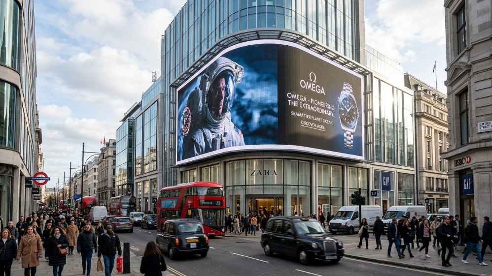 High-brightness outdoor curved LED billboard in daytime urban DOOH environment