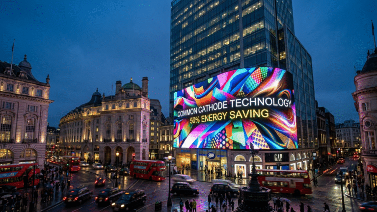 High-efficiency Common Cathode LED billboard in a modern city center.