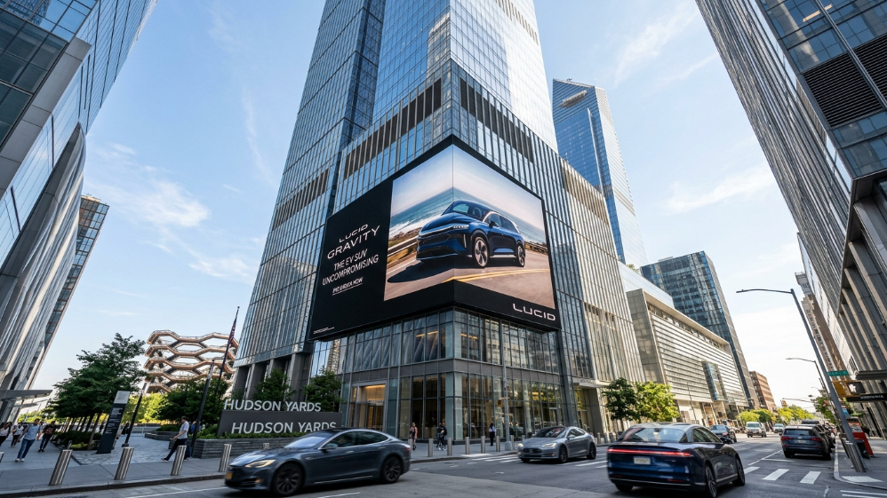 现代摩天大楼上的高性能户外 P8 LED 广告牌展示了阳光下的可视性和 B2B 投资回报率。
