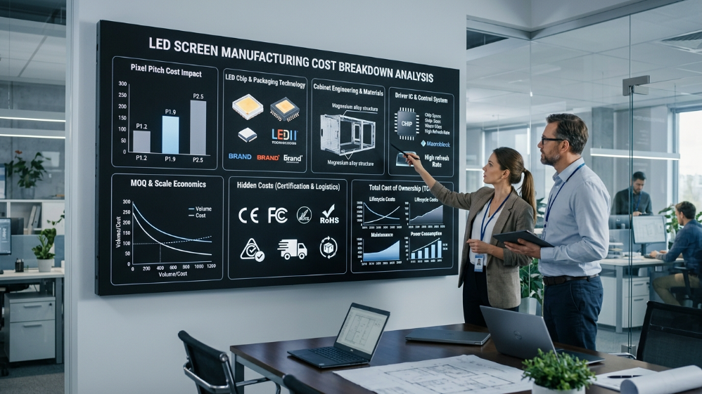 Tableau comparatif des prix des écrans LED affiché sur un mur d'images LED en milieu industriel
