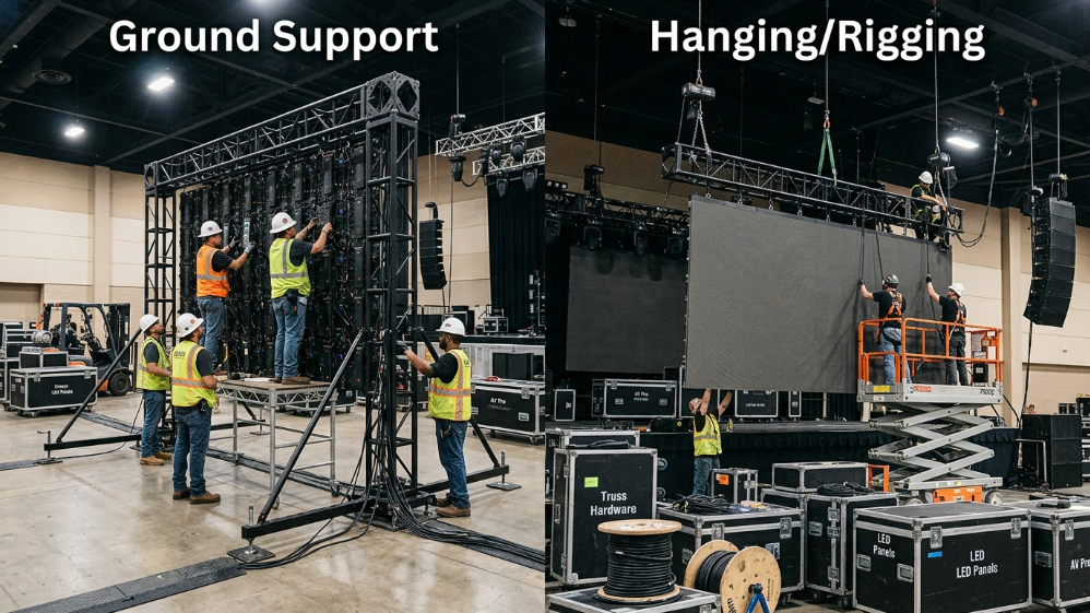LED screen ground support vs rigging installation setup