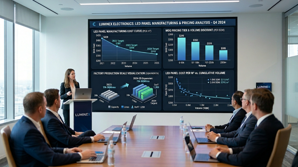 Graphique du coût de fabrication des écrans LED par mètre carré diminuant avec le volume de production