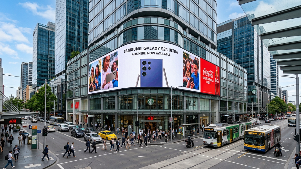 Large outdoor cylindrical creative LED display used for DOOH advertising in urban environment