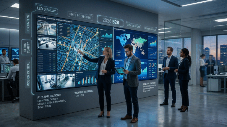 Modern LED video wall in corporate control room showing pixel pitch application comparison in real business scenario