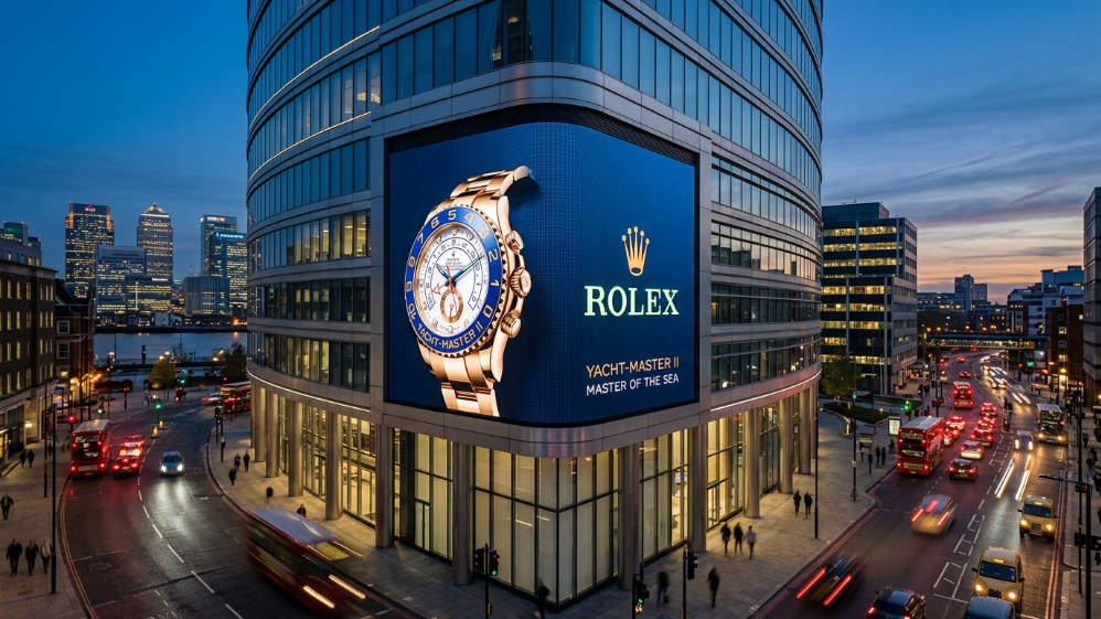 Outdoor DOOH LED billboard demonstrating FCC and CE compliance in an urban environment.