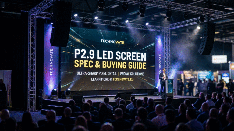 P2.9 LED screen displayed at modern corporate event stage with specs title