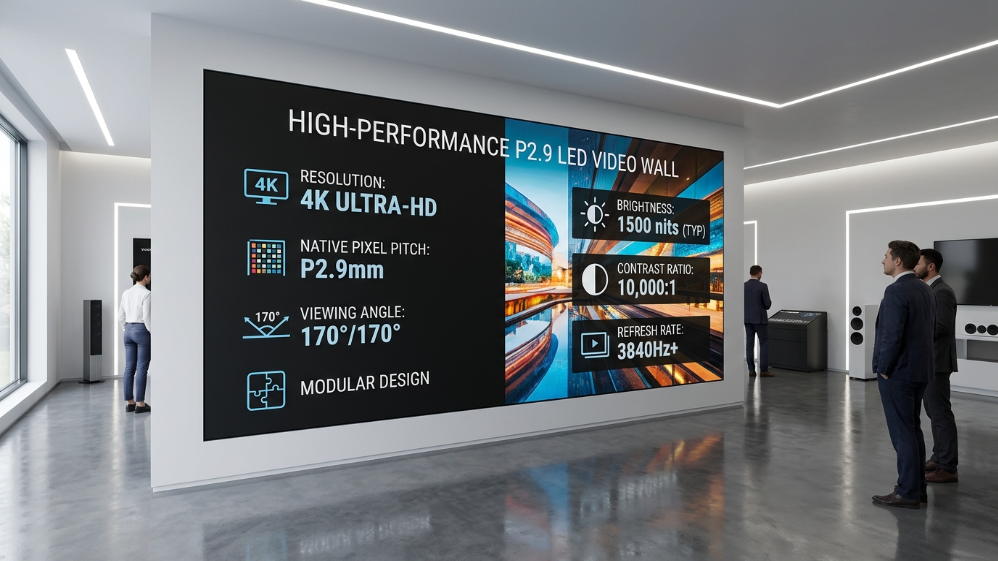 P2.9 LED screen specifications displayed in professional showroom