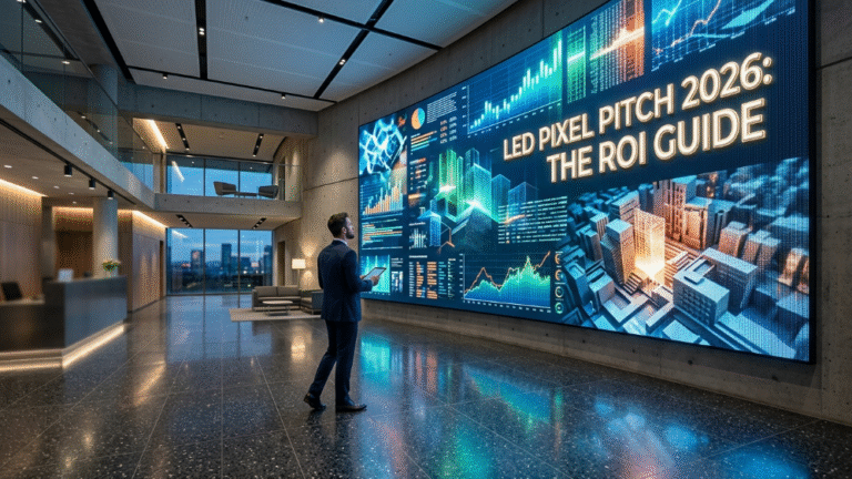 Premium 4K LED video wall in a corporate lobby demonstrating optimal pixel pitch and clarity.