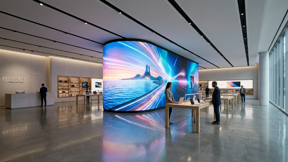 Videowall LED premium para interiores en comercios, que utiliza tecnología de cátodo común.