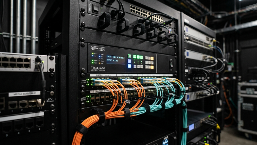 Professional LED video controller and signal processing hardware in a server rack.