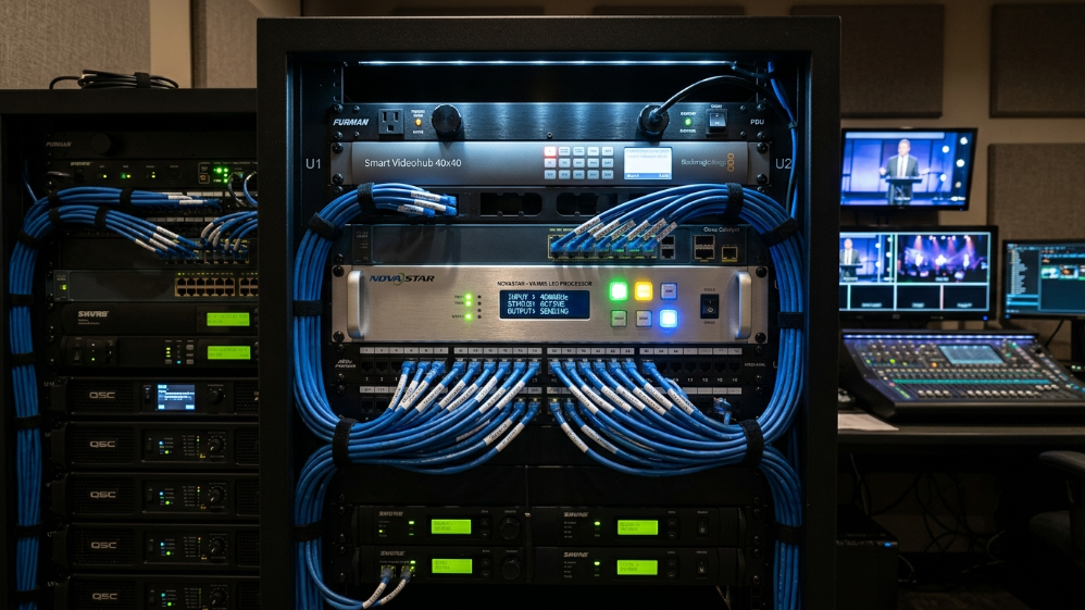 Professional LED video processor and signal chain for church installations.